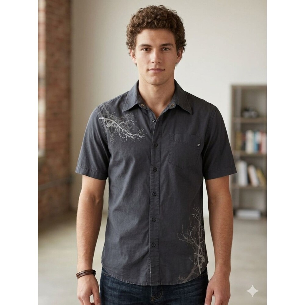 Ocean Current Men's Gray Tree Branch Graphic Short Sleeve Button Up Shirt Med